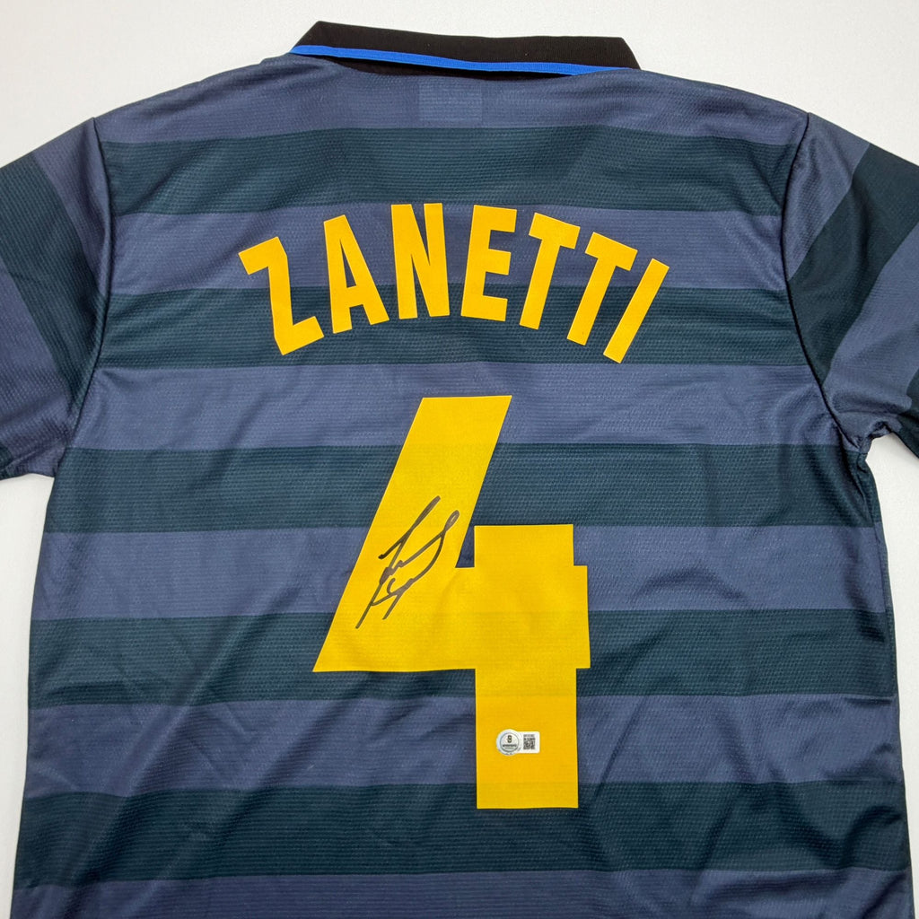 Autographed/Signed Javier Zanetti Inter Milan Navy Blue Soccer Futbol Jersey Beckett BAS COA