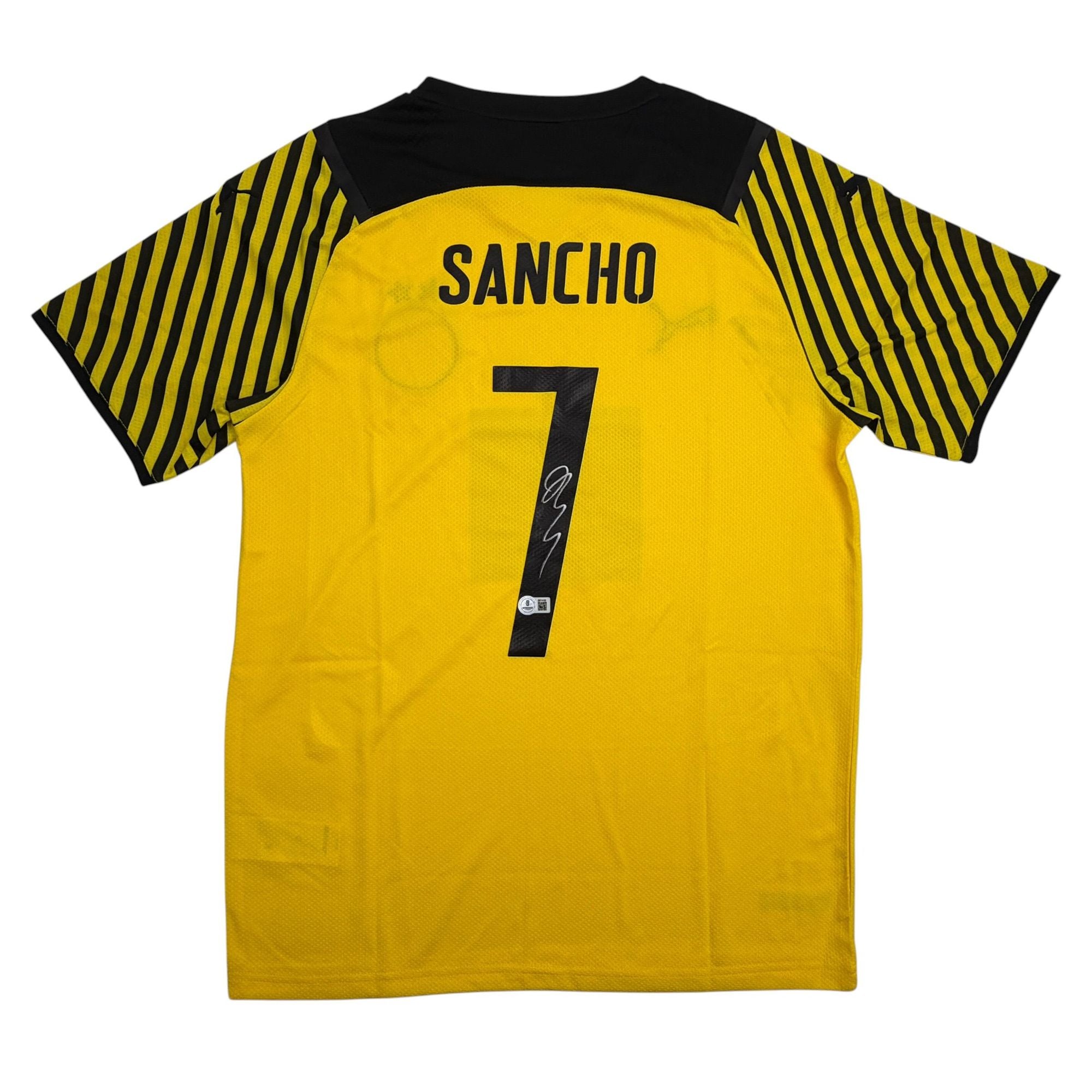 Autographed/Signed Jadon Sancho Borussia Dortmund Yellow Soccer Futbol Jersey Beckett BAS COA