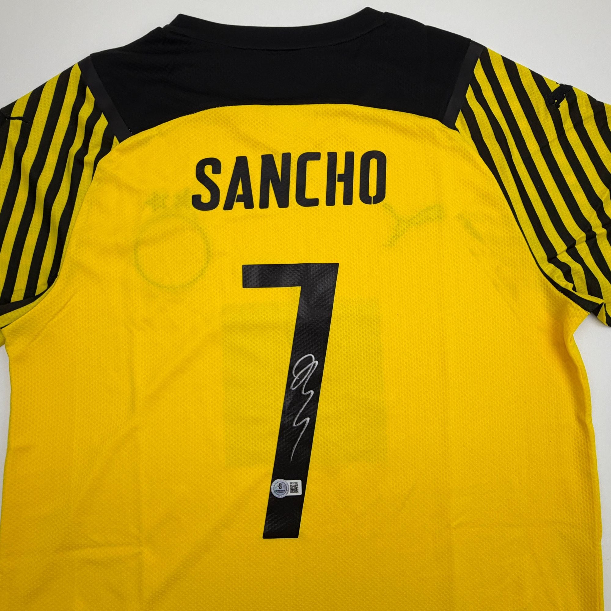 Autographed/Signed Jadon Sancho Borussia Dortmund Yellow Soccer Futbol Jersey Beckett BAS COA