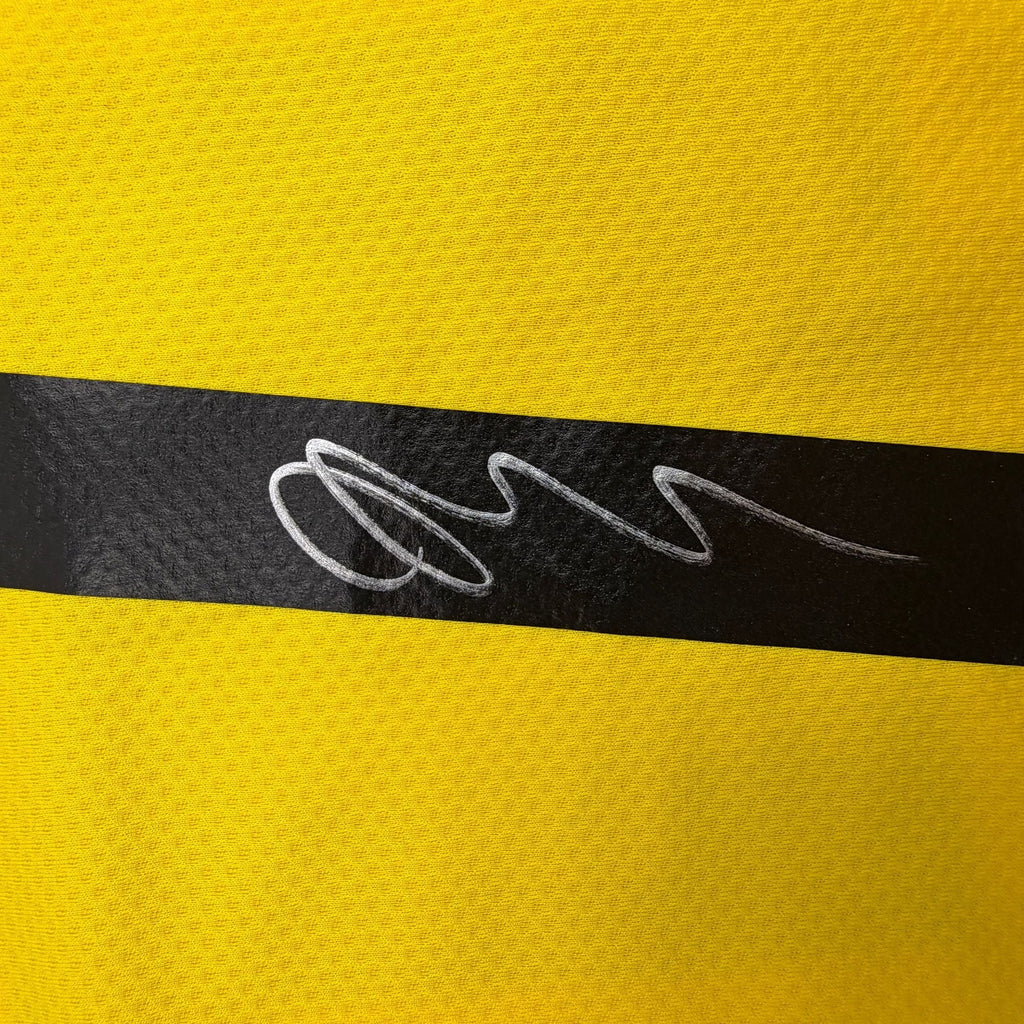 Autographed/Signed Jadon Sancho Borussia Dortmund Yellow Soccer Futbol Jersey Beckett BAS COA