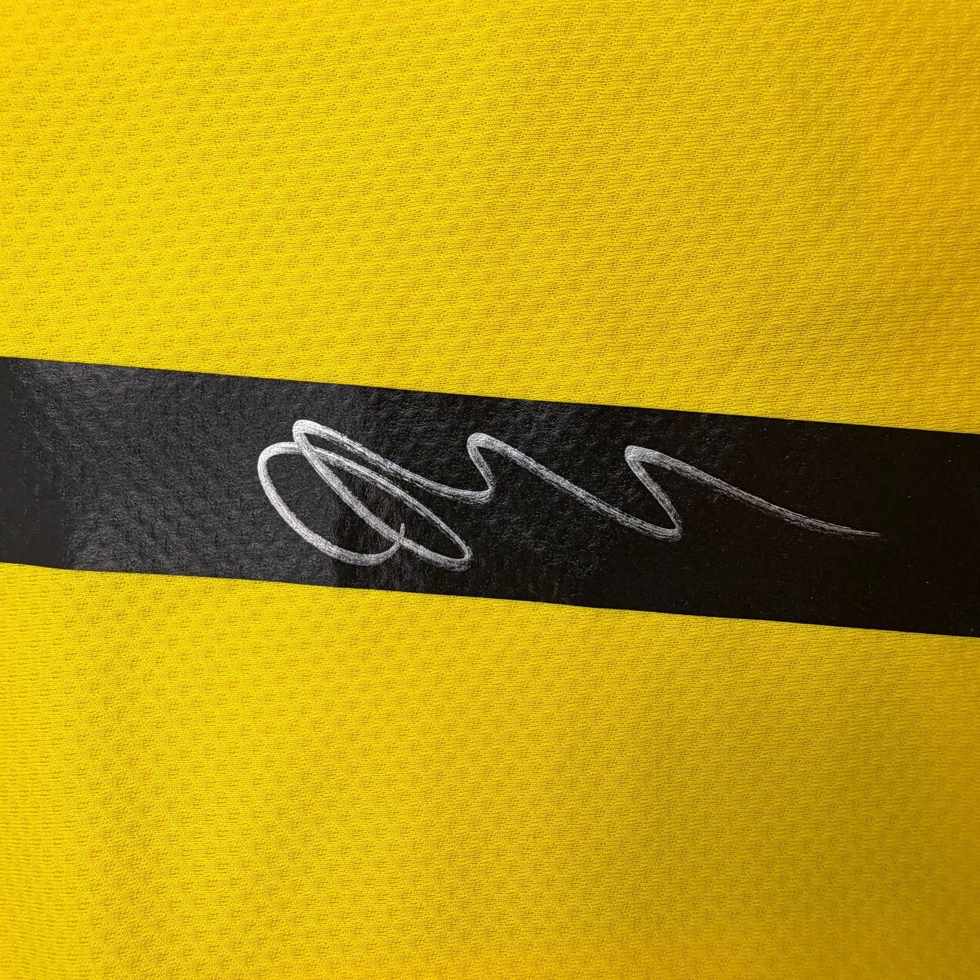 Autographed/Signed Jadon Sancho Borussia Dortmund Yellow Soccer Futbol Jersey Beckett BAS COA