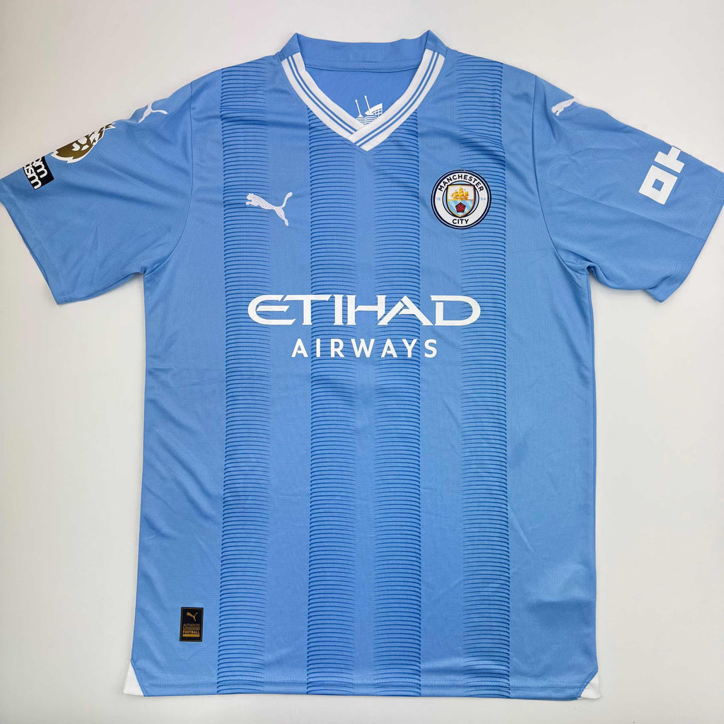 Autographed/Signed Erling Haaland Manchester City Blue Soccer Futbol Jersey Beckett BAS COA